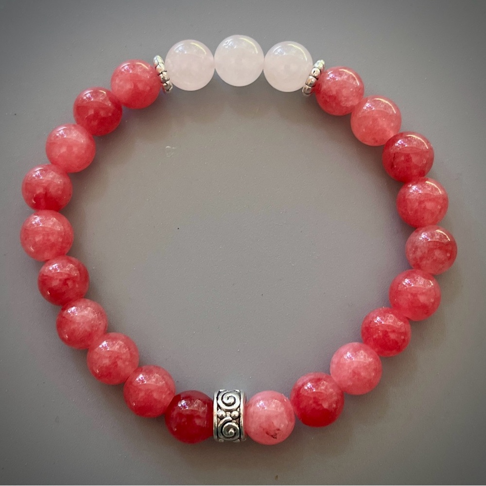 Bright Pink Jade and Rose Quartz Handcrafted Bead Bracelet - Picture 5 of 6
